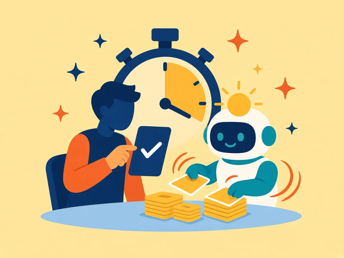 Illustration of a person approving work while a friendly robot assistant sorts tasks quickly in front of a big stopwatch