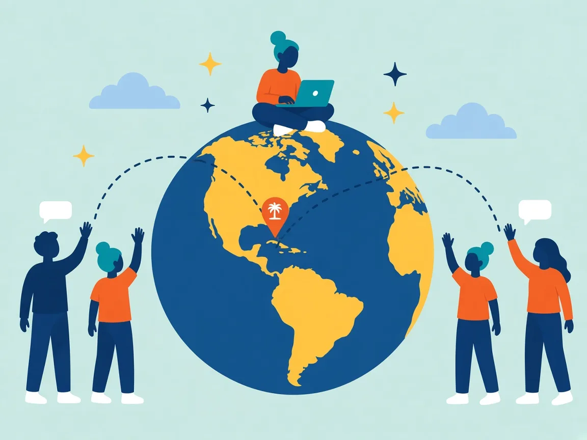 Illustration of a person with a laptop sitting on a globe, with a map pin on Florida and lines reaching people waving around the world