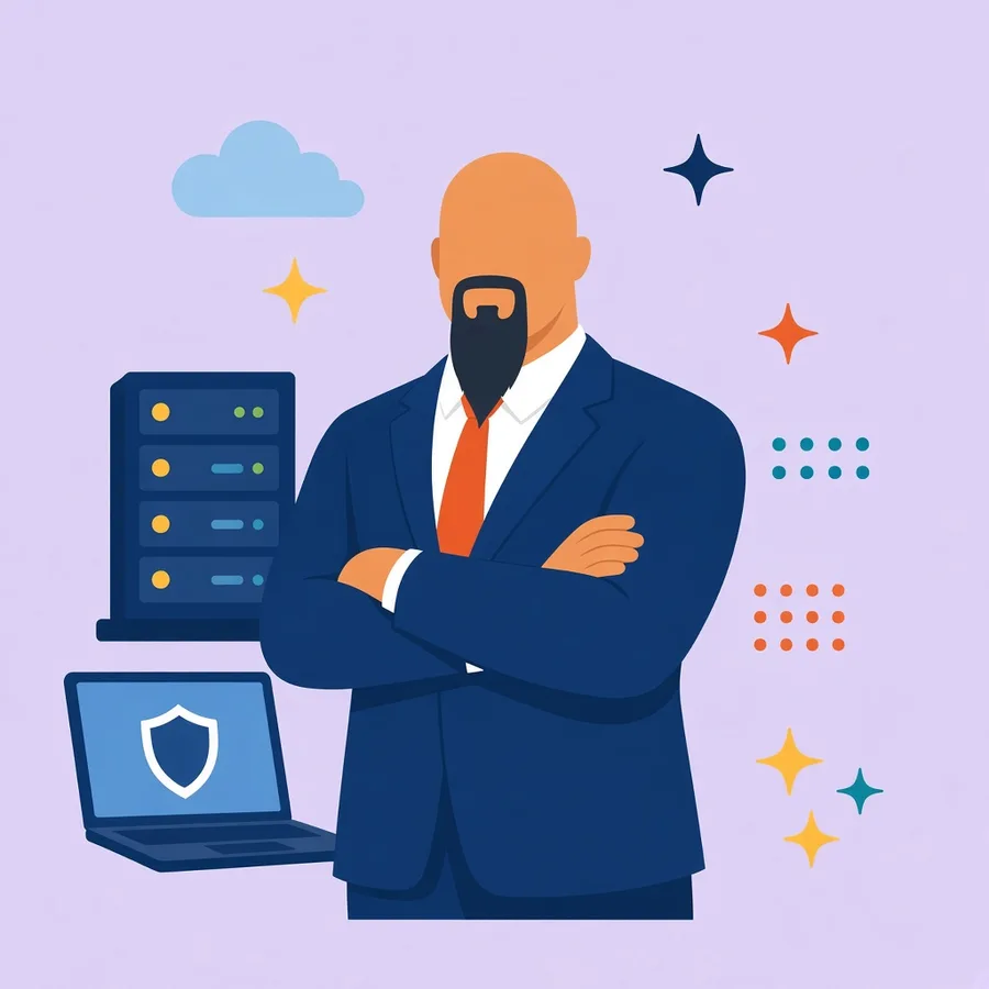 Illustration of our founder: a broad-shouldered bald man with a long goatee, arms crossed, wearing a navy suit and orange tie, next to a server rack and a laptop