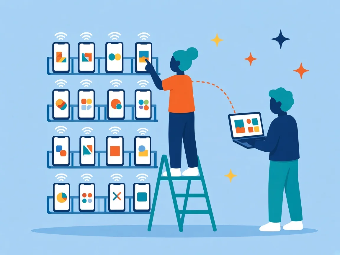 Illustration of a wall of real smartphones in a rack, one person tapping a phone while another controls it remotely from a laptop